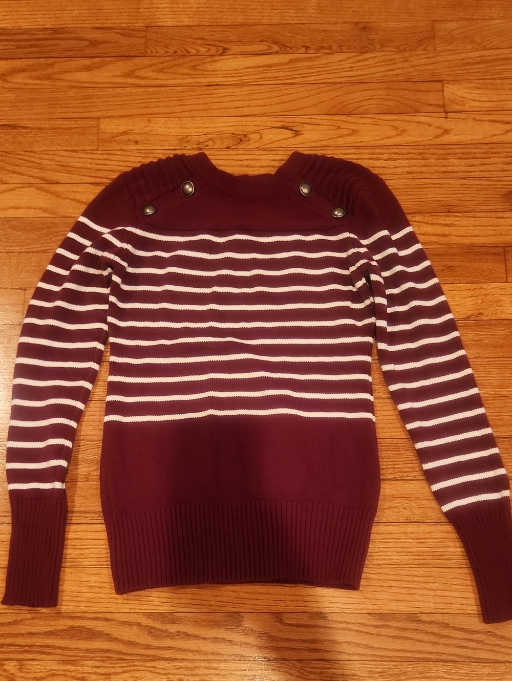 PattyBoutik Burgundy and White Striped Crewneck Sweater with Button Detail